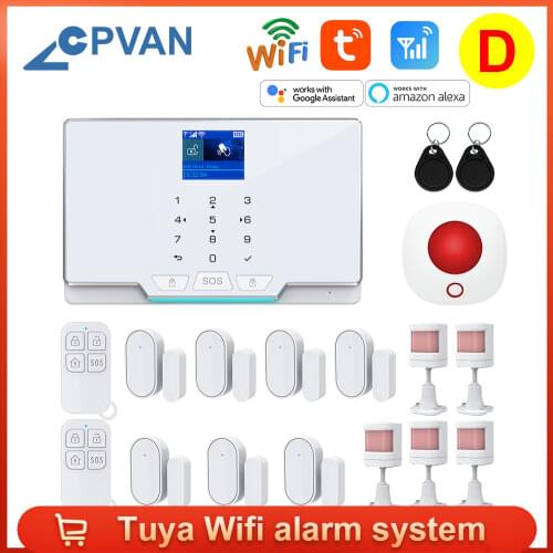 CPVAN Tuya Wifi GSM Alarm System Burglar Kit for Android Ios APP Control Works With Alexa Google Home Burglar Alarm System