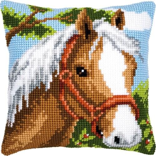 DIY Cross Stitch Cushion Cover Spring Horse Needlepoint Kits Printed Canvas Chunky Yarn Cross-stitch Pillow Case Arts & Crafts