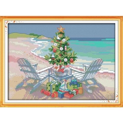Joy Sunday Christmas tree gift seaside beautiful scenery 11CT printing DMC embroidery stitch cross stitch kit handicrafts