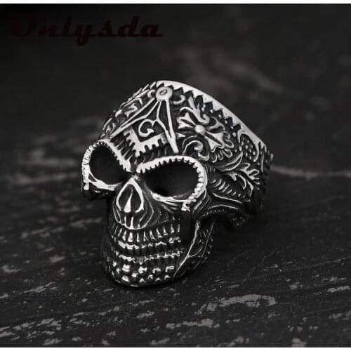 Hip hop Mens Stainless Steel Biker Ring Skull Silver Color Freemason Masonic Rings Punk Masonic Jewelry Dropshipping OSR664