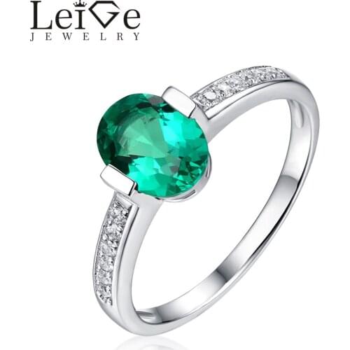 Leige Jewelry Silver 925 Solitaire Emerald Ring Green Oval Cut Bezel Setting Classic Anniversary Rings for Women Christmas Gift