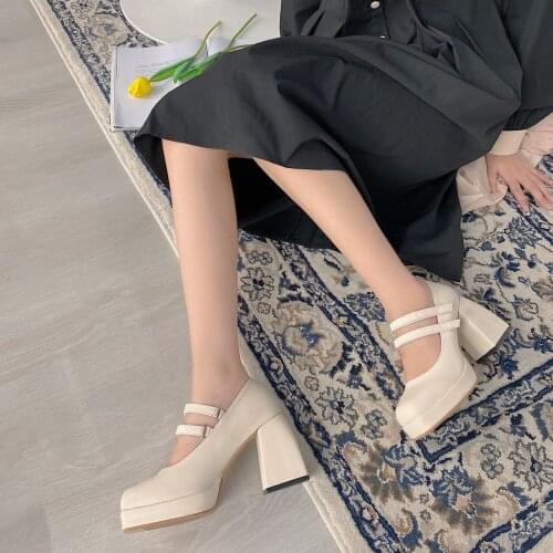 2021 New French Square Head Retro Mary Jane High Heeled Shoes W-belt High Heeled Shoes Dampproof and Waterproof Platform