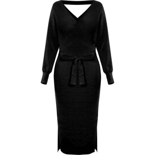 Womens Black Long Sleeve Midi Dress V-Neck Sexy Side Split Office Dress fashion Ladies Solid lacing Formal Business Work Dress