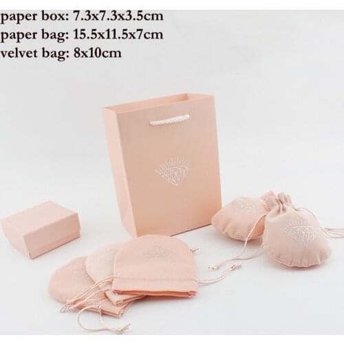 7.3x7.3x3.5cm Pink Paper Gift Box Paper Bag Velvet Bag Jewelry Necklace Bracelet Ring Paper Boxes Packaging Set