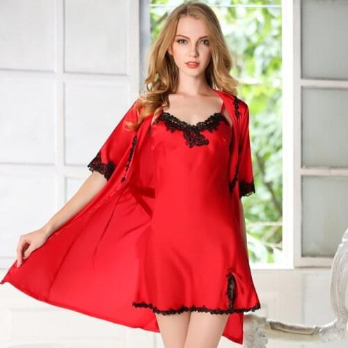 Luxury sexy silk-like women nightdress 2pieces robes&dress lace Nightwear Suits silklike sleepwear spring summer