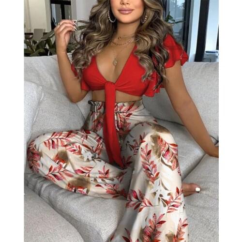Women Tops Ruffled Knotted Short Solid Color Top Printed Wide-Leg Ladies Pants Suit New Summer Fashion Outdoor Female Outfits