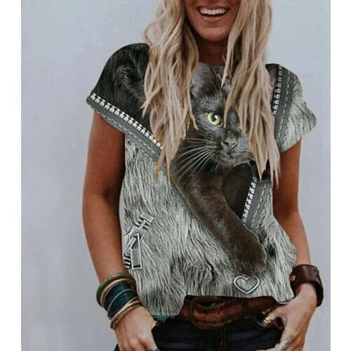 40#Kawaii Cat Zipper Print T-Shirts Women T Shirts O-neck Short Sleeve Casual Woman Tee Plus Size Loose Aesthetic Pullover Tops