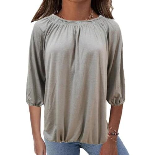New 3/4 Sleeve Solid Color Women Blouse Spring Autumn Casual O Neck Pleated Loose Autumn Shirt Streetwear Pullover Tops