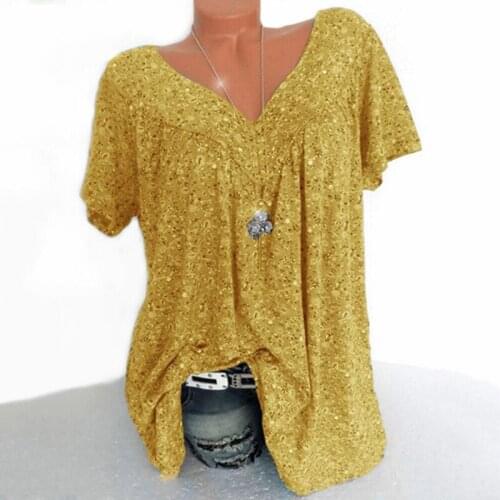 Female V-Neck Loose Floral Printed T-Shirt Summer Fashion Short Sleeve Tops Casual Plus Size Tees Sexy Elegant Pullover S-5XL