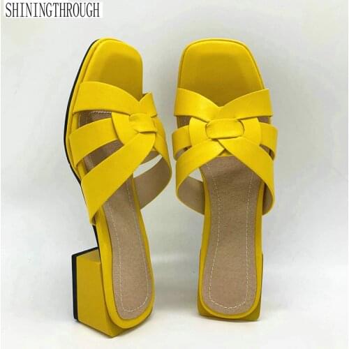 2020 New women slippers pu leather 4.2cm square heels slipper open toe women sandals pink blue yellow ladies casual shoes woman