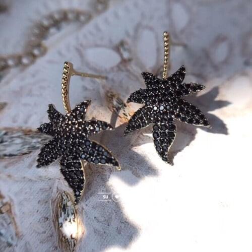 Free Shipping Classic Black Stone Stud Earrings for Women Gold Silver Color Leaf Shape Studs Ear Jewelry brinco Gift bijoux