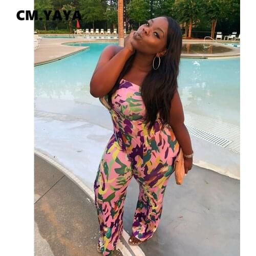 CM.YAYA Women Jumpsuit Print Sleeveless Strapless Wide Leg Stretchy Jumpsuits Sexy Fashion High Streetwear Summer Outfits 2021