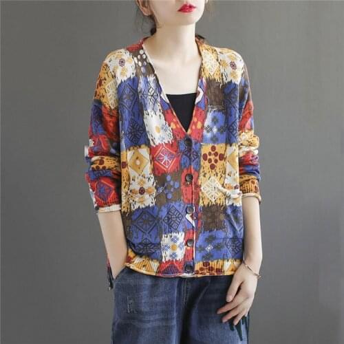 Printed V-neck Cotton Knit Sweater Womens Autumn New Retro Loose Casual Long-sleeved Shirt Cardigan Coat Female Blusa Top k1189