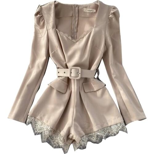 Summer Casual Retro V-neck Lace Decorated Women Playsuit Trendy Streetwear Belted Short Jumpsuit