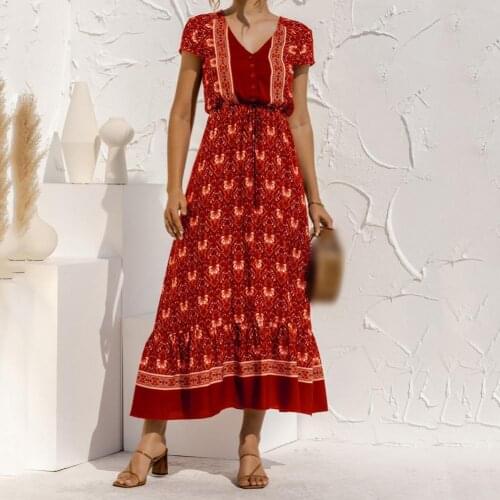 Robe femme Women Maxi Dress Positioning Flower Lacing Summer Short Sleeve Printed Beach Dresses robe femme платье летнее женское
