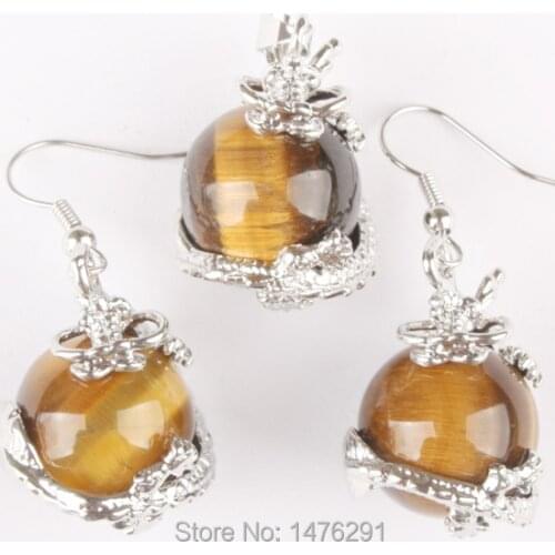 16MM Natural Tigers Eye Round Bead Inlaid Dragon Pendant & Earrings 1 Set
