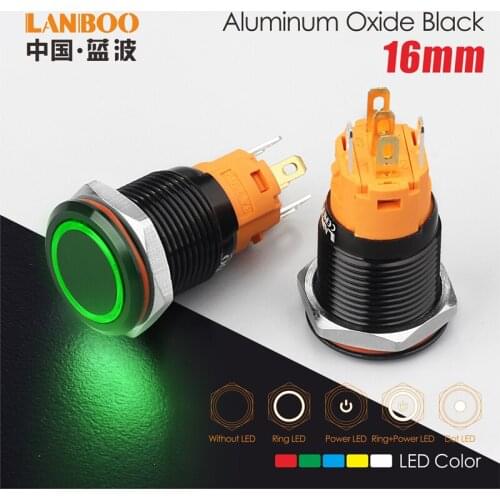 16MM aluminum oxide black 12v 36v 110v 250v 3A latch plat on off switch with power symbol