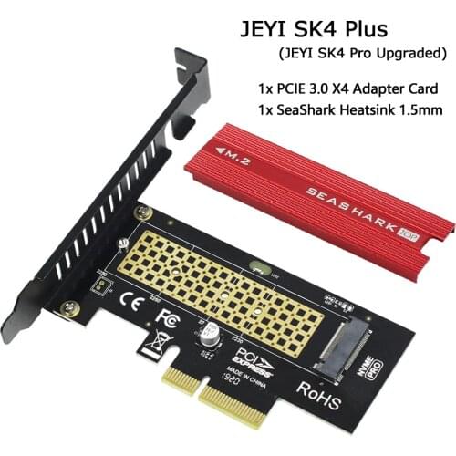 JEYI SK4 Plus M.2 NVMe SSD to PCIE 3.0 X4 Adapter Card M Key for 2230 2242 2260 2280 SSD PCI-e X8 X16 Heatsink Cooling SeaShark