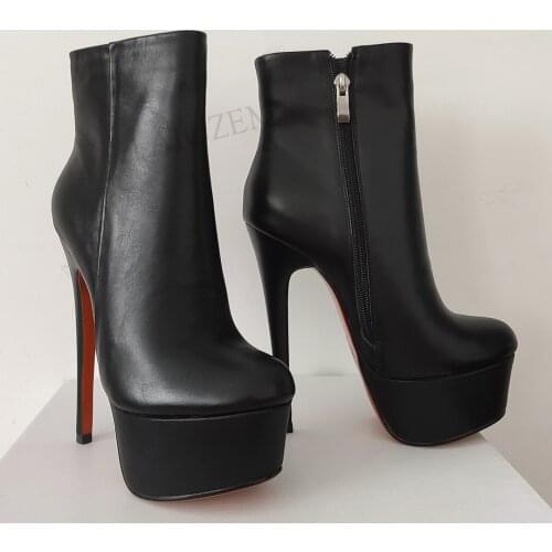 LAIGZEM REAL LEATHER Women Ankle Platform Boots Zip Up Stiletto High Heels Boots Beige Black Shoes Woman Large Size 33 38 39 40