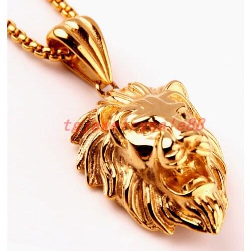 Perfect Popular Stainless Steel Box Chain Choker Huge Gold Color Handsome Mens Lion Head Pendant Necklace Xmas Jewelry