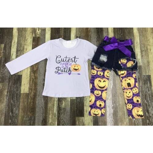 Childrens Halloween boutique clothing creepy pumpkin arrow long sleeve bow belt jean shorts skinny pants three piece suit