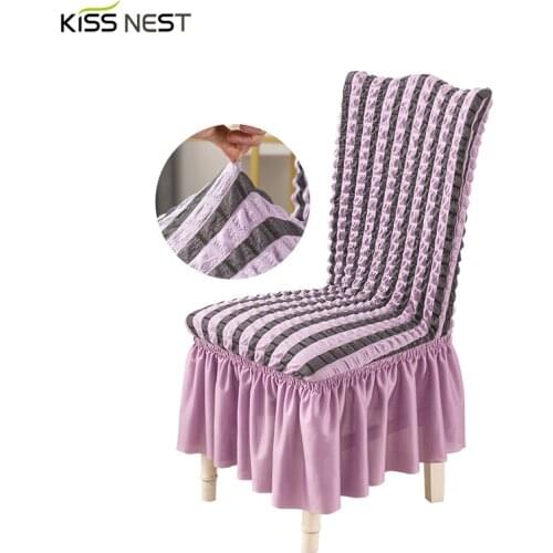 Double Color Dining Chair Cover With Skirt, Seersucker Fabric Elastic Spandex,Hotel Banquet Wedding Universal Size 1 PC
