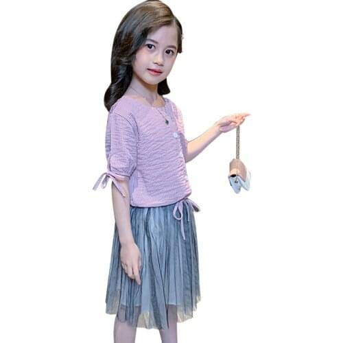 Clothes For Girls Striped Tshirt + Short Costume For Girls Mesh Kids Girls Clothes Summer Childrens Clothes 6 8 10 12 14