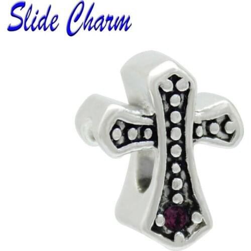Slide charm Free shipping gift to touch the red cross inlaid stone beads fit Pandora bracelet bracelets and jewelry accessories