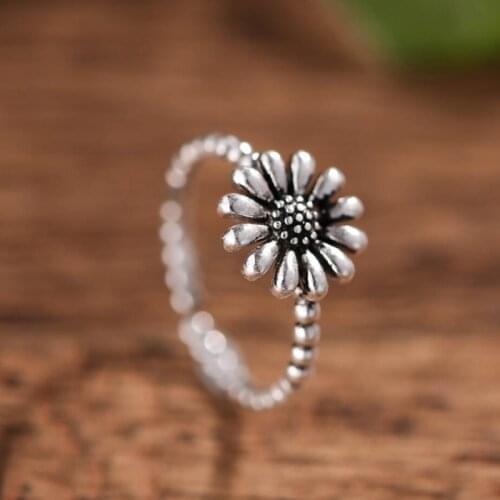 Retro Sunflower 925 Sterling Silver Literary Flower Sweet Temperament Personality Fashion Female Resizable Opening Rings SRI074