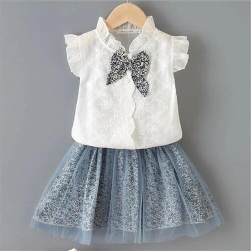2-7Y Summer Lovely Baby Girls Clothes Sets Ruffles Sleeveless Lace Single Breasted Shirts Flowers Print Skirts