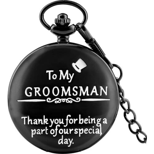 Mens Black Pocket Watch To My Groomsman Classic White Digital Quartz Dial Thick Chain Pendant Clock Exquisite Back Cover Carved