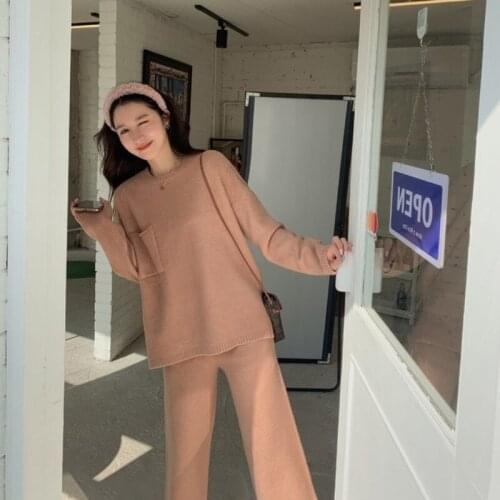 Autumn Womens Pink Knitted Suit Two-Piece Set Winter Outfit Solid Color Loose Pullover Sweater High-Waist Pants Female Clothing