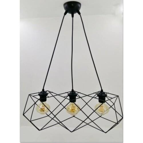 Industrial Black Metal Lattice Polygon 3 head Pendant Lamp Chandelier Hanging Lamp Living Dining Room Cafe Bar Restaurant Wrought Iron Ceiling Chandelier