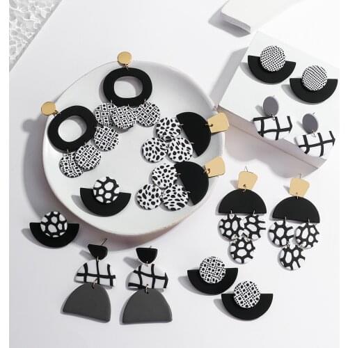 AENSOA Geometric Black White Polka Dots Polymer Clay Dangle Drop Earrings For Women Retro Irregular Exaggerate Earring Jewery