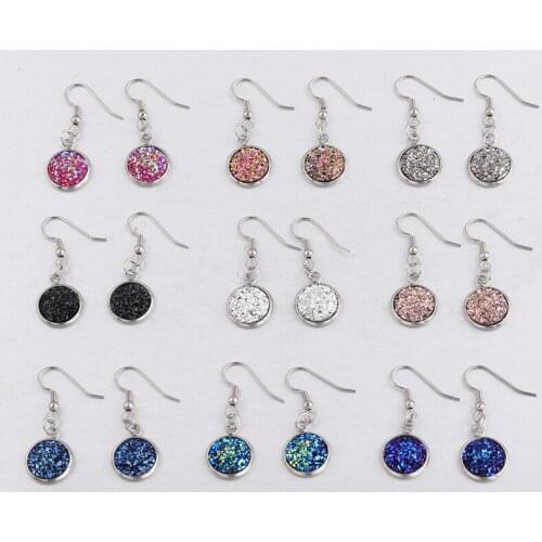 12mm Druzy Drusy Stainless Steel Dangle Earrings Glittery Bright Gypsophila Resin Cabochon Earrings for Women Jewelry Gift