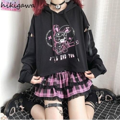 Hikigawa Hoodie Harajuku Crop Tops Letter Print Hooded Sweatshirt Hollow Out Patchwork Hoodies Long Sleeve Hoody Women Clothes