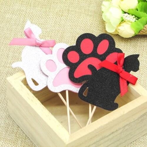 6pcs Graceful Cat Paw Cupcake Topper With Bow Wedding Birthday Hen Party Cake Decorating Supply Princess Girls Party Decor