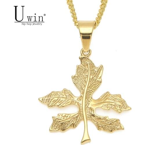 UWIN Stainless Steel Maple Leaf Pendants Hiphop Punk Jewelry Gold Color Men Women Pendant Necklace 24" Cuban Chain