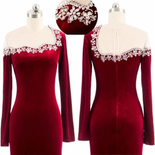 2020 Vintage Burgundy Bridesmaid Dresses with Sequins Crystal Mermaid Long Sleeves Velvet Formal Prom Gowns Sweep Train