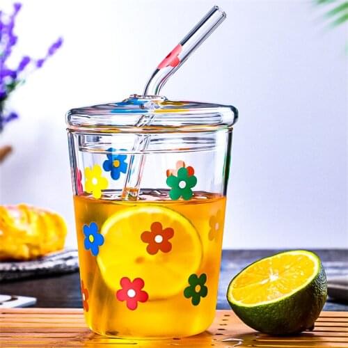 High Borosilicate Glass Cups Creative Colorful Flower Coffee Mug With Straw Lid Transparent Drinking Milk Tea Cups Drinkware