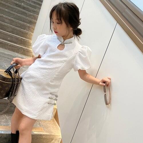 High Quality Baby Girl Fashion Improved Version Pure Cotton Cheongsam Dress Summer Puff Sleeve Dress Childs Clothes