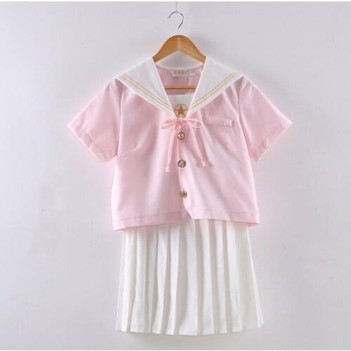 Japanese Girls School Uniform Summer Pink Tops +White Skirt JK Sailor Cosplay Clothing College Female Students Uniforms C50181AD