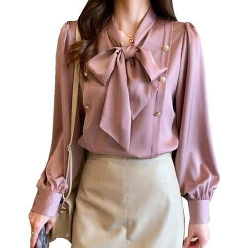 Women fashion Long sleeve V-neck Solid color Bow ribbon tied Button decoration career elegant Spring summer Lady shirts tops