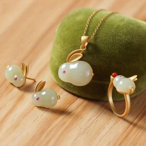 2021 Fashion Rabbit Jewelry Set Simulation Natural Khotan Jade Cute Rabbit Ring Ancient Gold Necklace Earrings Pendant For Women