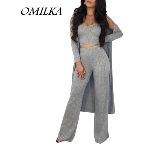 OMILKA 2018 Summer Women 3 Piece Set Crop Top Long Trench Coat and Long Pant Suits Sexy Gray Red Orange Outwear Clothing Set