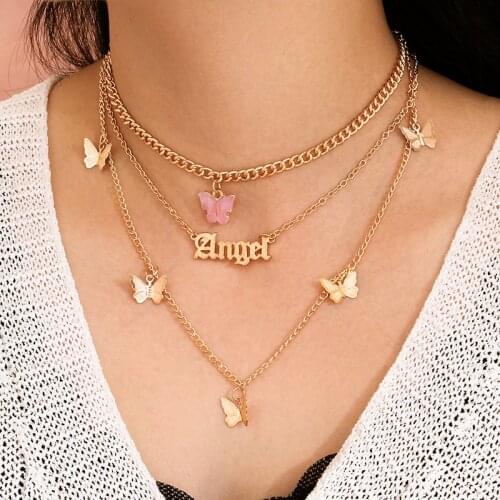 Aprilwell Pendant Necklace Women Aesthetic Gold Color Cuban Link Chain Collar Clothing Butterfly Angel Drop Jewelry Trendy