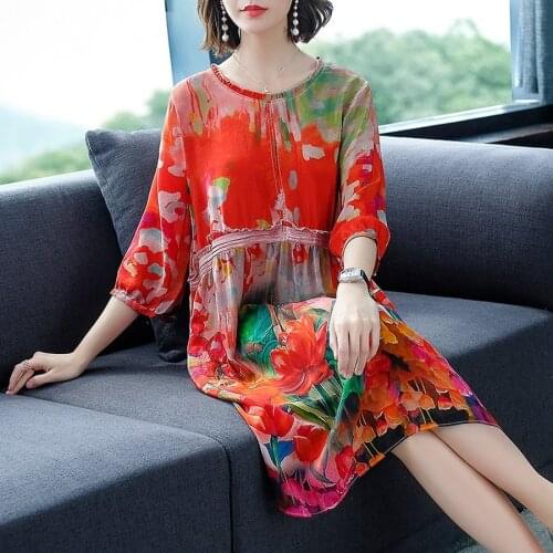 2021 Spring Summer Red Mulberry Silk Midi Dress 3XL Plus Size Vintage Print Runway Dresses Elegant Women Bodycon Party Vestidos