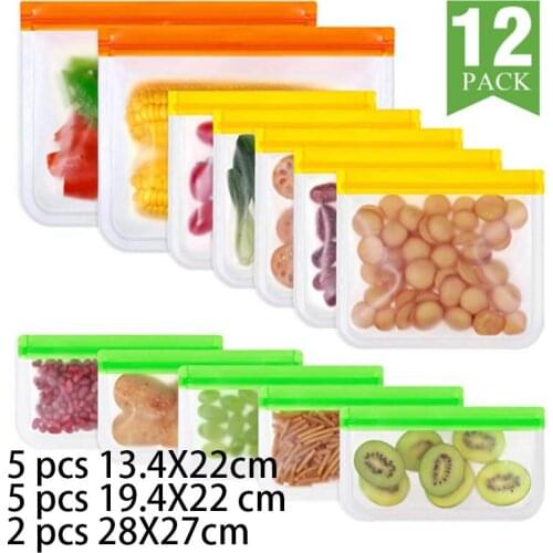 12PCS Silicone Bag PEVA Silicone Food Storage Bag Containers Leakproof Reusable Shut Bag Eco-friendly Fresh Food Bag