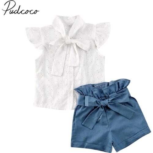 2020 Baby Summer Clothing Toddler Kids Baby Girls Hollow Out Shirt Top Denim Pants Shorts 2Pcs Clothes Outfits Sunsuit 1-6T
