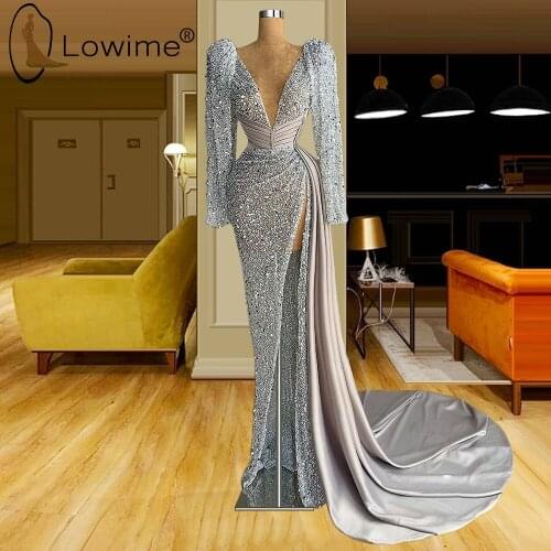 Sparkly Silver Sequins Mermaid Evening Dresses 2021 Sexy Deep V Neck High Slit Long Sleeves Formal Prom Party Gowns for Weddings